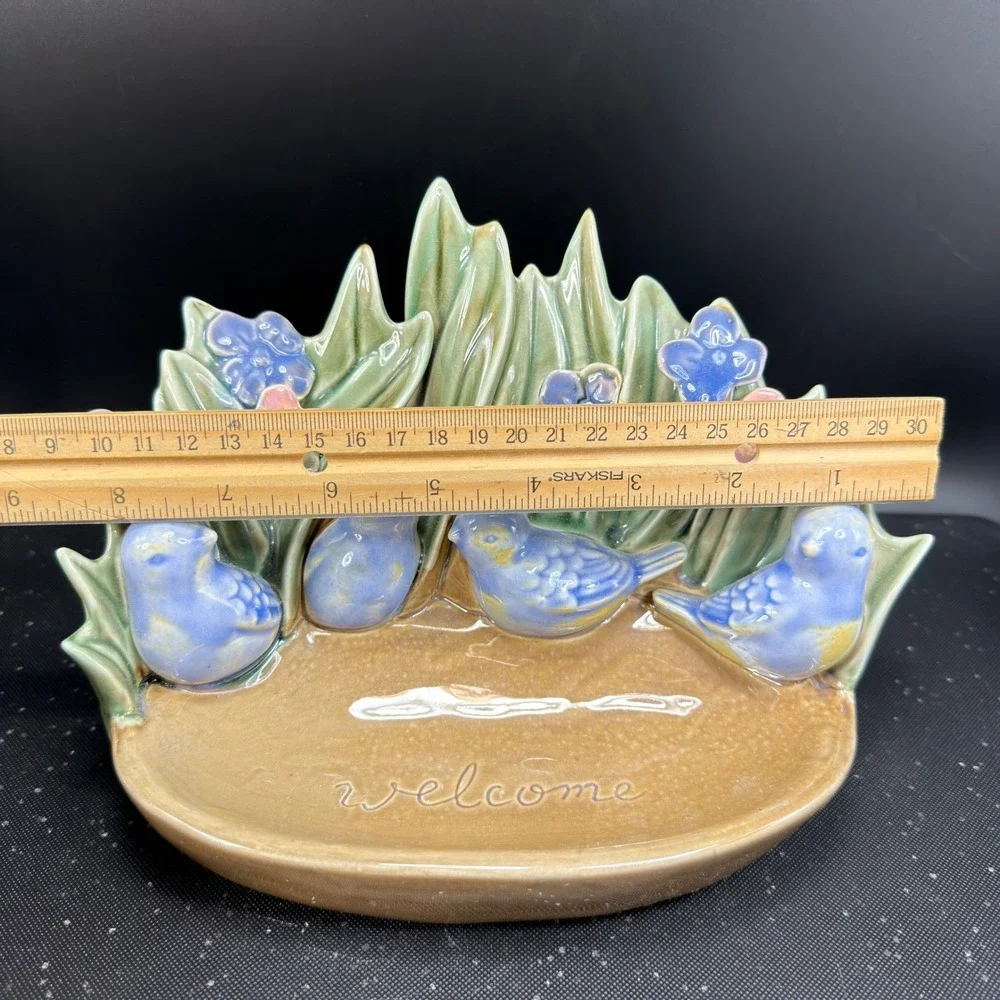 Ceramic Bluebird Welcome Sign Garden Decor Blue‎ Birds Flowers Bowl Dish 9 Inch